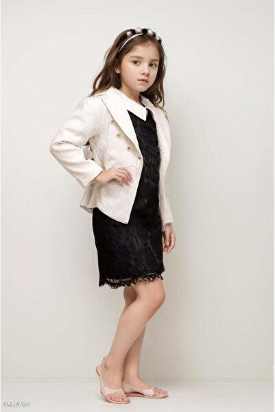 Riccotarz Girl's Pocketed Blazer Jacket Lace Flower Embroidered Baby Collar Black Dress