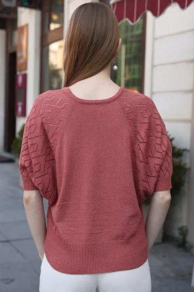 ALCHON Stylish Knitwear Summer Blouse with Crew Neck and Half Bat Sleeve Detail - Openwork Hole
