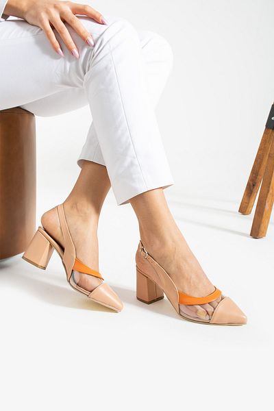 İnan Ayakkabı WOMEN BEIGE/ORANGE TRANSPARENT SKIN DETAILED HEEL SHOES (6 CM)