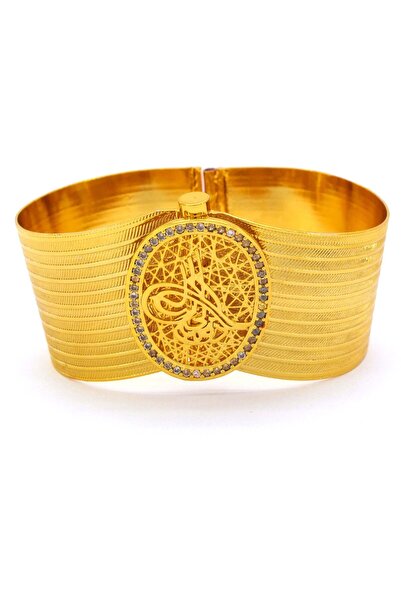 FerizZ 22 Ayar Altın Kaplama Tuğralı Taşlı Trabzon Kelepçe Bilezik