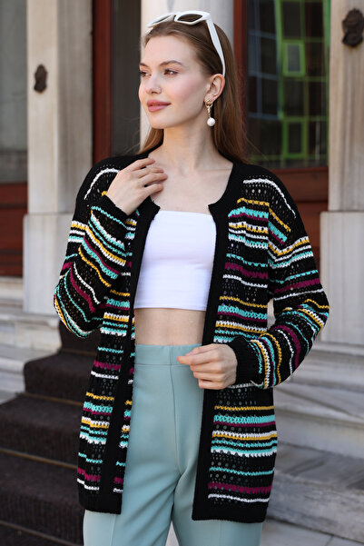 ALCHON Yuvarlak Bisklet Yaka Uzun Kollu Ajurlu Delikli Renk Bloklu Şeritli Yazlık Triko Hırka