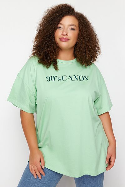 Trendyol Curve Mint Wide Fit Pletené tričko s potiskem Crew Neck TBBSS23BF00015