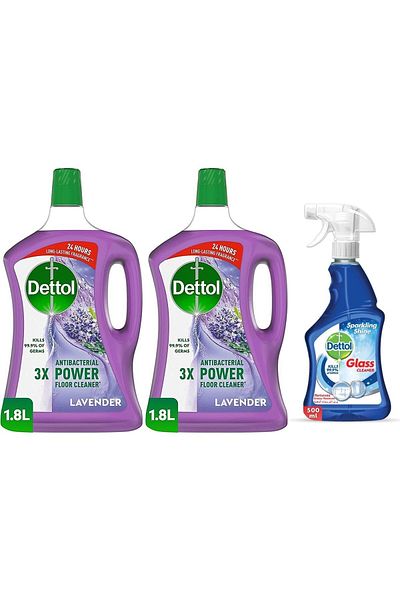 Dettol Lavender Power Floor Cleaner 1.8LTwinpack+Dettol Sparkling Shine Glass Cleaner Spray  500ml