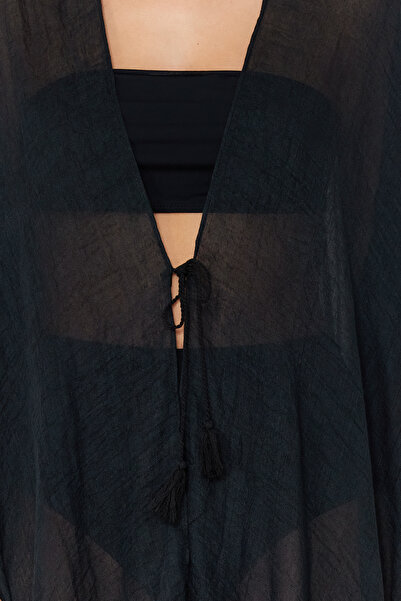 Trendyol Collection Black Midi Woven Tasseled Beach Kimono&Kaftan Tbess24Km00057