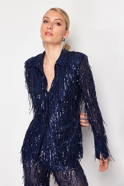 Trendyol Collection Tkaná bunda s flitry v námořnické modré - TPRSS24CE00000
