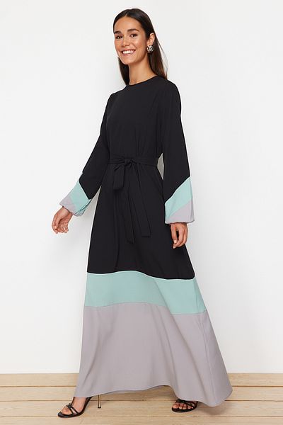 Trendyol Modest Black Color Blocked Wrapped Fabric Woven Dress TCTSS24EB00237