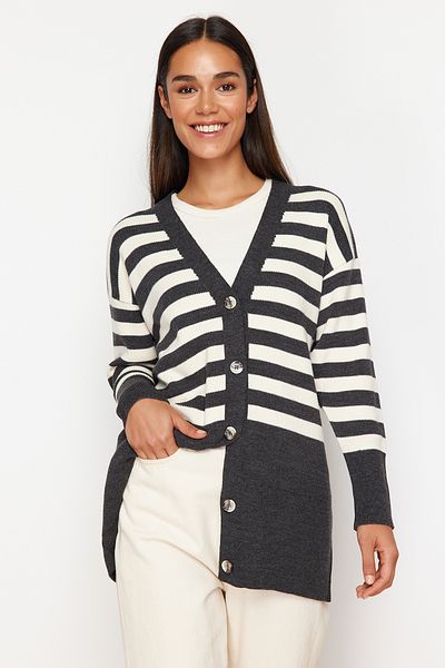 Trendyol Modest Anthracite V-Neck Striped Knitwear Cardigan TCTAW24TH00034