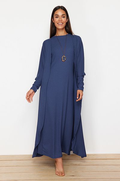 Trendyol Modest Σετ Πλεκτό Φόρεμα Μπλε Κιμονό - Με υφή και τυλιγμένο TCTSS24EB00203