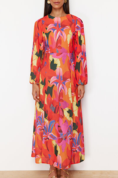 Trendyol Modest Piros virágmintás szőtt vászon megjelenés ruha TCTSS24EB00102