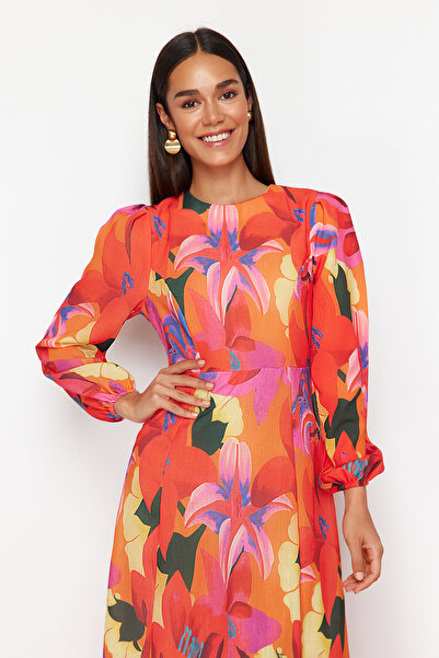 Trendyol Modest Piros virágmintás szőtt vászon megjelenés ruha TCTSS24EB00102