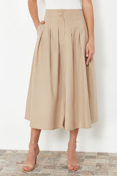 Trendyol Collection Beiger Midirock - Faltendetail und geknöpfte Vorderseite, gewebt TWOSS24ET00169
