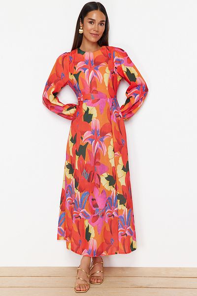 Trendyol Modest Piros virágmintás szőtt vászon megjelenés ruha TCTSS24EB00102