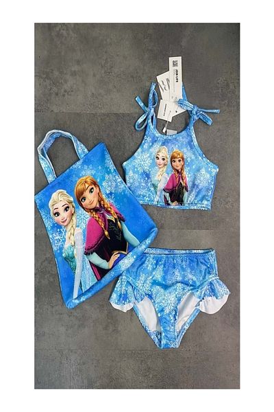 miniko Bikini pentru fete cu model Elsa Frozen - 3 piese, țesătură submersibilă, bretele cu frânghie cu volane cu geantă