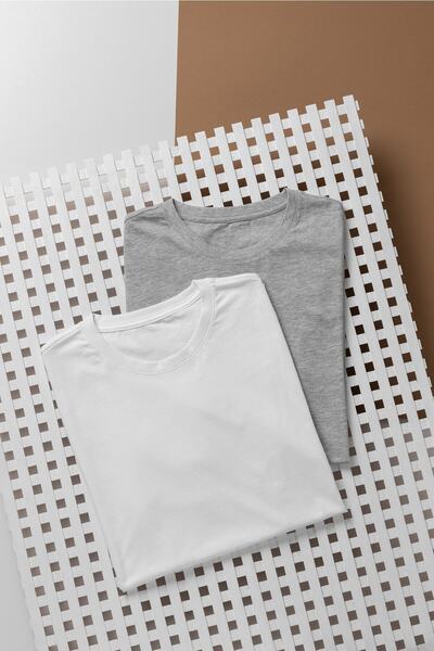 EFFRENATU Sivo-bele Slim fit okrugla kragna pakovanje od 2 obične majice