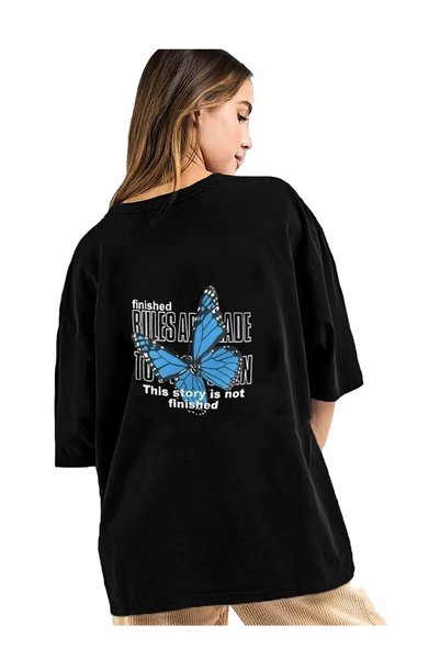Frisson Tricou negru cu imprimeu fluturi, mărime mare