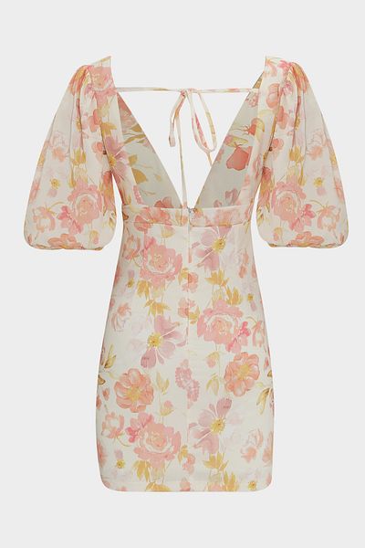 Açelya Okcu Deep V Cut Out Floral Print Mini Women's Dress