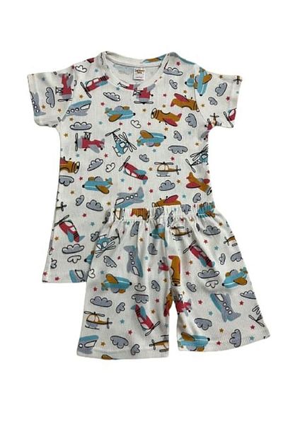 Elmas Ecru Helicopter Patterned Crew Neck 100% Cotton Boys' Pajamas Set