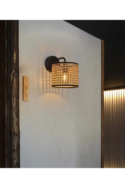 burenze Modern Rattan Hasır Hazeran Aplik Kablolu Elektrikle Çalışır Duvar Apliği