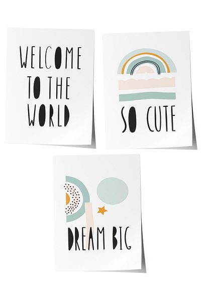 Postifull Set de 3 picturi pentru camera bebelușului, decor de perete pentru camera bebelușului, decor camera copiilor, poster fără cadru
