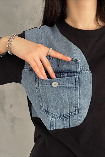 FEMELLE Γυναικείο Βαμβακερό μπλουζάκι με μαύρο τζιν τζιν λεπτομερές σχέδιο τσέπης