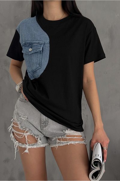 FEMELLE Blugi din blugi negri de damă, tricou din bumbac cu design de buzunar