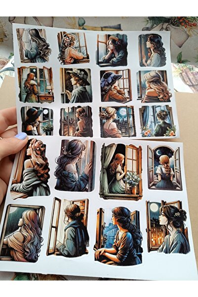 Pink Swan Craft Vintage Scrapbook Victorian Pencereden Bakan Kızlar Etiket Seti, Bullet Journal, Planlayıcı Stickers