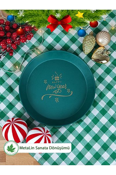 linmetal Green New Year Presentation Tray 24 cm, Serving Tray, Coffee Tray, Happy New Year Printed