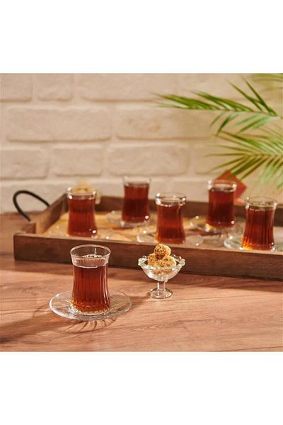 Paşabahçe Elysia Tea Cup Set 12 Pieces Box 6 Tea Cups 6 Tea Plates