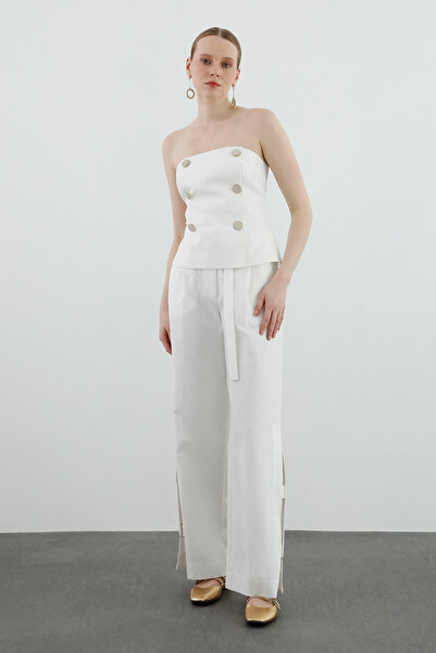 GİZİA Düğme Detaylı Astarlı Ekru Straplez Bluz