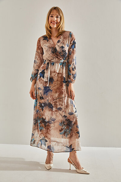 Bianco Lucci Γυναικείο φόρεμα από σιφόν με διπλό στήθος, ελαστική μέση με επένδυση καμήλας, σιφόν 60251001