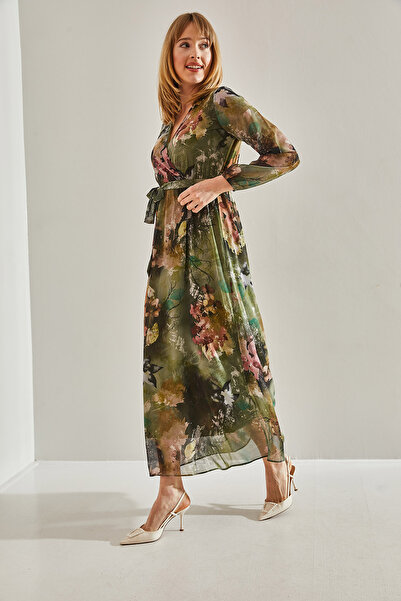 Bianco Lucci Γυναικείο φόρεμα σιφόν με πράσινη γραμμή ελαστική μέση V λαιμόκοψη με διπλό στήθος με ζώνη 60251001