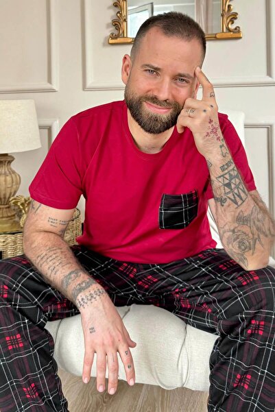 Pijamaevi Bordo Siyah Cep Detay Ekose Kısa Kollu Erkek Pijama Takımı