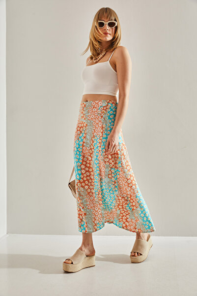 Bianco Lucci Dámská tyrkysově-oranžová květinová sukně se skrytým zipem na boku60251034