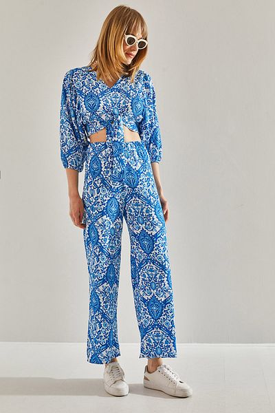 Bianco Lucci Damen-Set mit kurzem Palazzo-Oberteil und elastischem Rücken und Ärmeln in Blau 60251033