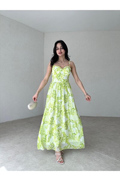 Suelo Butik Sırtı Gipeli Askılı Çiçek Desenli Milano Maxi Yeşil Elbise