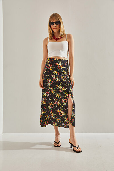 Bianco Lucci Dámská černá květinová sukně se skrytým zipem na boku60251034