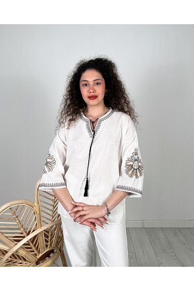 JOVENMADRE ΜΠΛΟΥΖΑ ΕΚΡΟΥ ΜΕ ΣΥΝΔΕΤΗΡΑ ΜΕ ΛΑΜΠΡΟ ΛΑΜΠΡΟ ΜΑΝΙΚΙ ΜΕ ΣΧΕΔΙΟ OVERSIZE