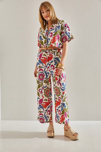 Bianco Lucci Women's Red Ethnic Patterned Palazzo Double Pants Crop Suit60251023