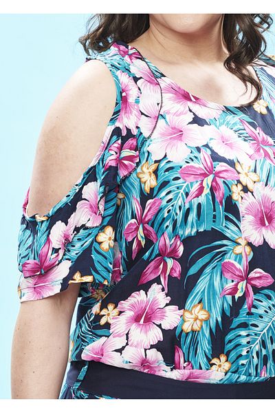 Even Plus Size - Büyük Beden Kadın Giyim Blue Floral Viscose Large Size Jumpsuit