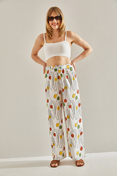 Bianco Lucci Ecru Linen Trousers - Patterned and Elastic Waist, Women's,60101056