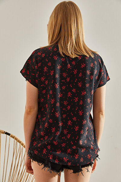 Bianco Lucci Damska czarno-czerwona wzorzysta koszula wiskozowa z krótkim rękawem40831005