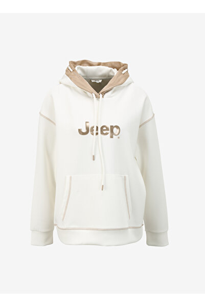 Jeep Kırık Beyaz Kadın Kapüşonlu Loose Fit Baskılı Sweatshirt J4SL-SWT7022