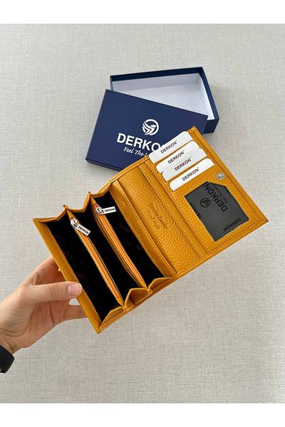 DERKON Mendy Model Useful Genuine Leather Medium Size Women's Wallet Yellow Color