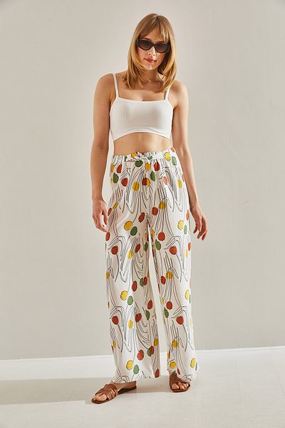 Bianco Lucci Ecru Linen Trousers - Patterned and Elastic Waist, Women's,60101056