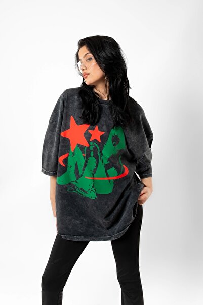 Bak Moda Μπλουζάκι Unisex με στάμπα Star Girl Washed Black Oversize