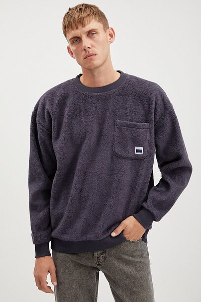 GRIMELANGE Thompson Men's Fleece Thick Textured Navy Blue Sweatshirt with Pockets and Ornamental Labels