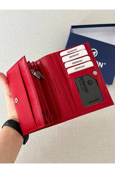 DERKON Mendy Model Useful Genuine Leather Medium Size Women's Wallet Red Color