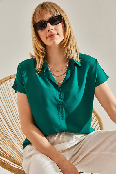 Bianco Lucci Γυναικείο πουκάμισο βισκόζης με πράσινο κοντομάνικο σχέδιο40831005