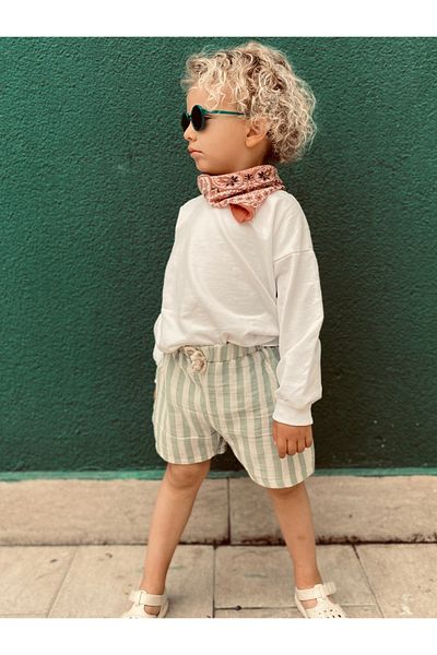 YHH Kids شورت موسلين للأطفال بخصر مطاطي 100% قطن أخضر مخطط