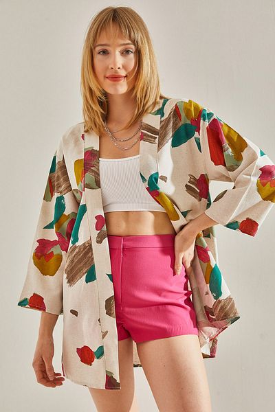 Bianco Lucci Dámské béžovo-zelené kimono s více vzorem kimono60081025